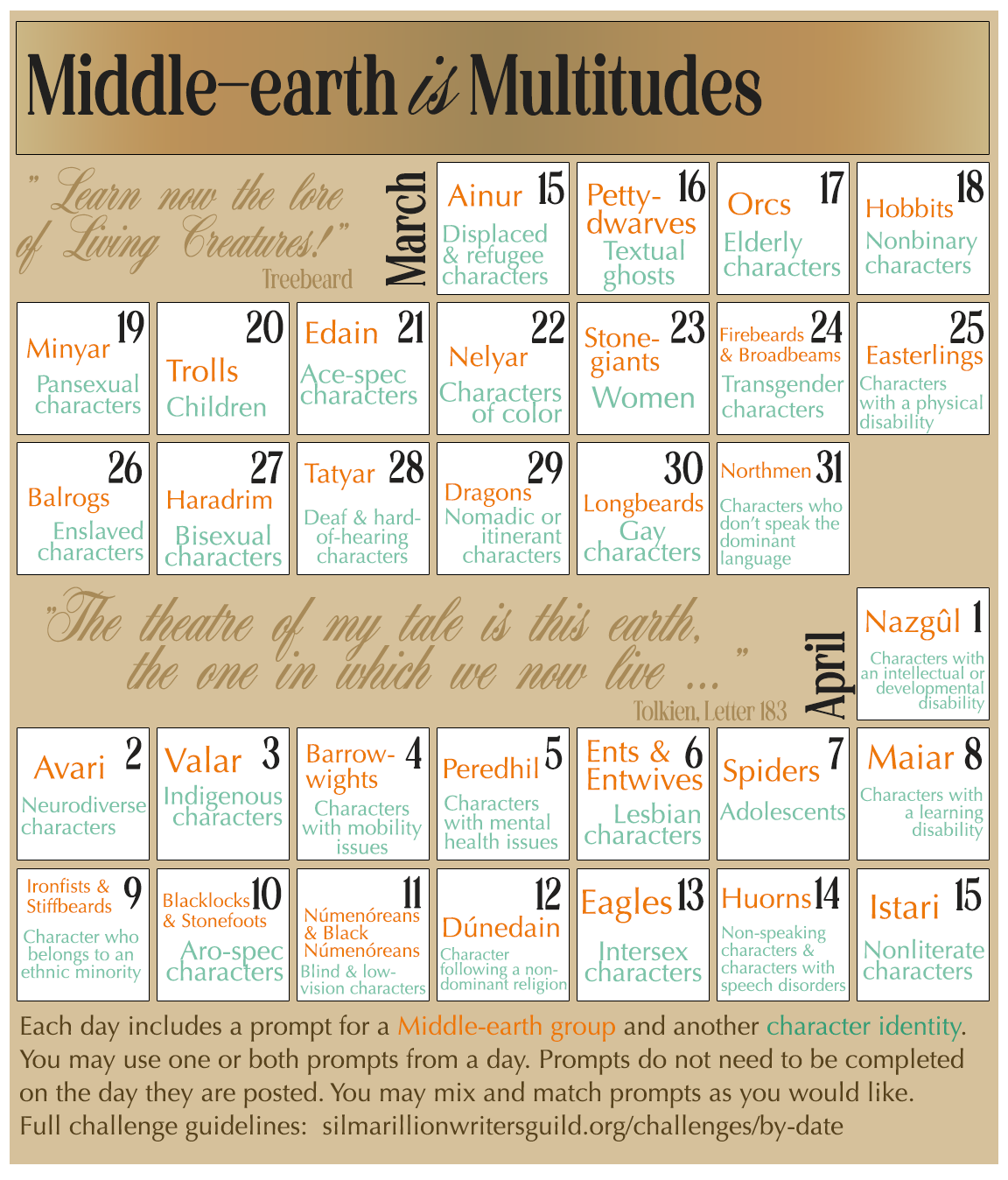 Middle-earth Is Multitudes with quotes in the background: "Learn now the lore of Living Creatures!" Treebeard and "The theatre of my tale is this earth, the one in which we now live," Tolkien, Letter 183. Prompt calendar has daily prompts; see below for prompts. Each day includes a prompt for a Middle-earth group and another character identity. You may use one or both prompts from a day. Prompts do not need to be completed on the day they are posted. You may mix and match prompts as you would like. Full challenge guidelines: silmarillionwritersguild.org/challenges/by-date