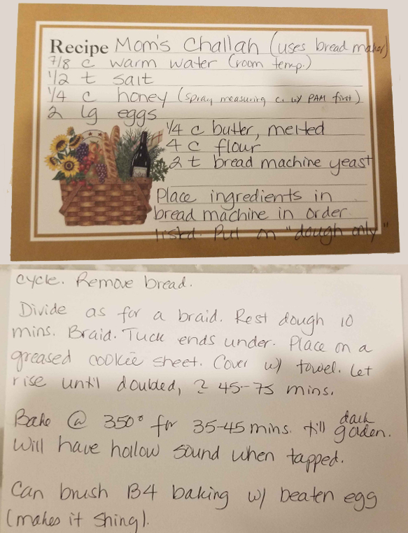challah recipe handwritten on recipe cards