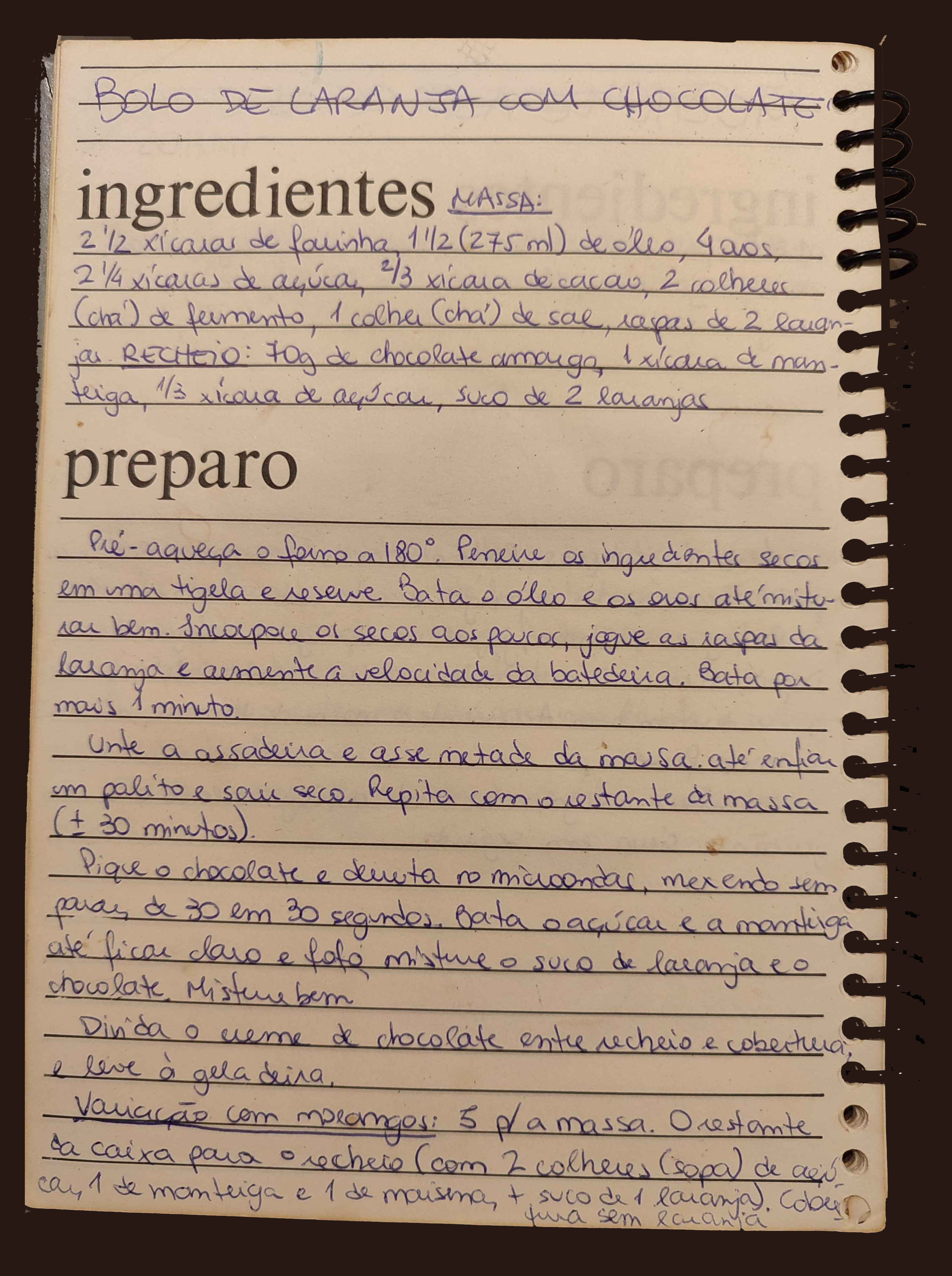 chocolate orange cake recipe in a spiral-bound book