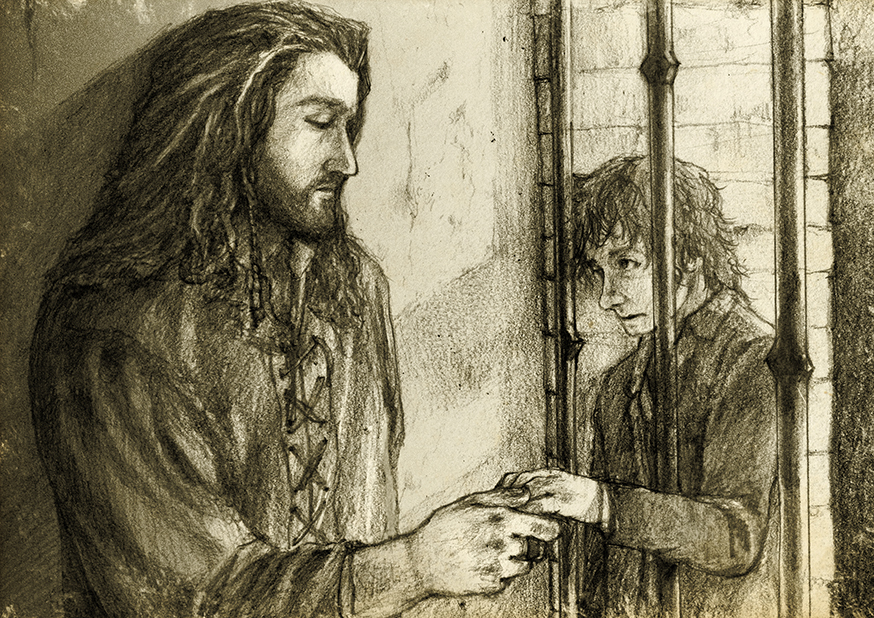 'Discovering Mr Baggins (Thorin II)' by Nazgullow, Thorin and Bilbo touch hands through the bars of Bilbo's prison