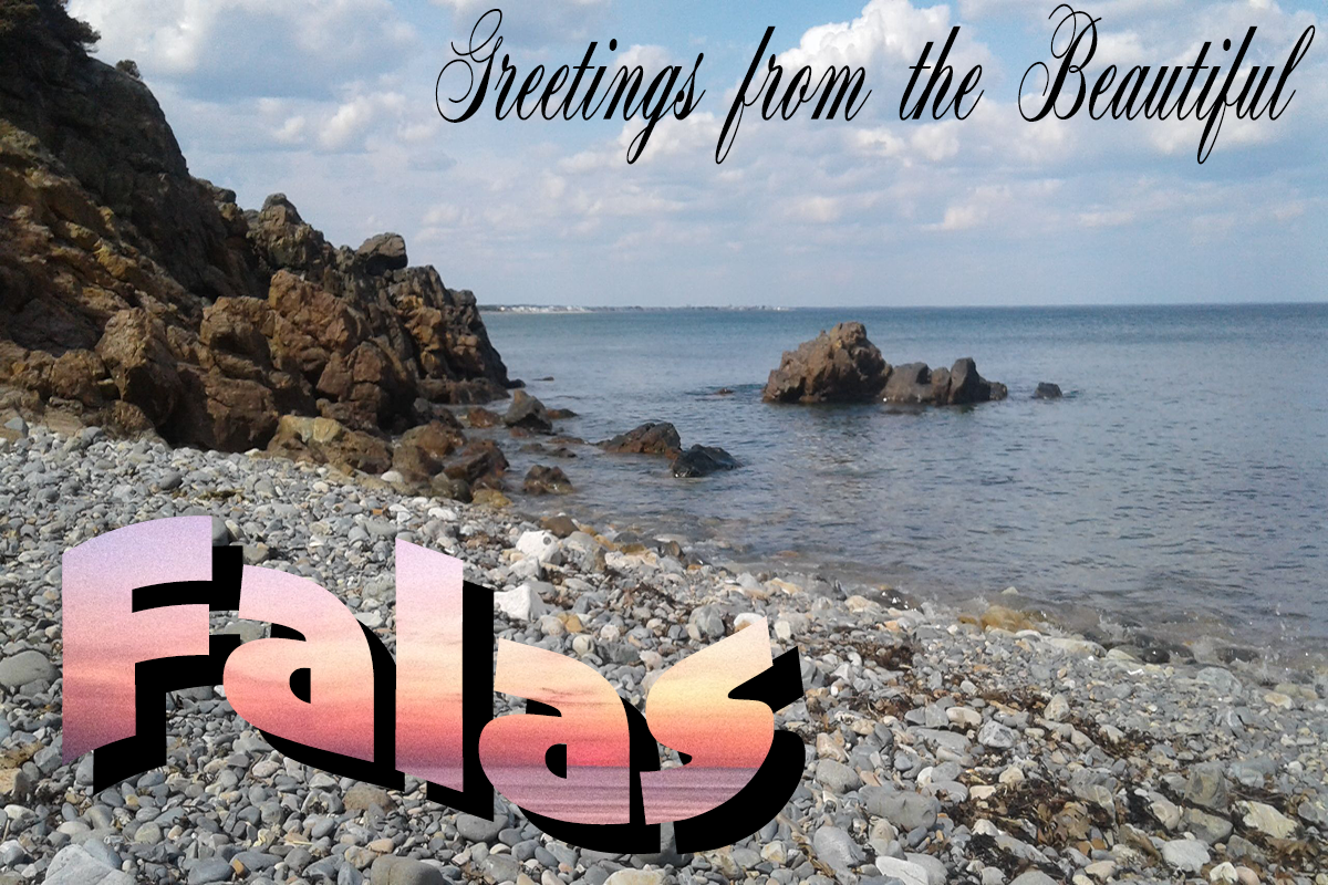 Postcard showing a strip of rocky coast in good weather, with the text: Greetings from the beautiful Falas.