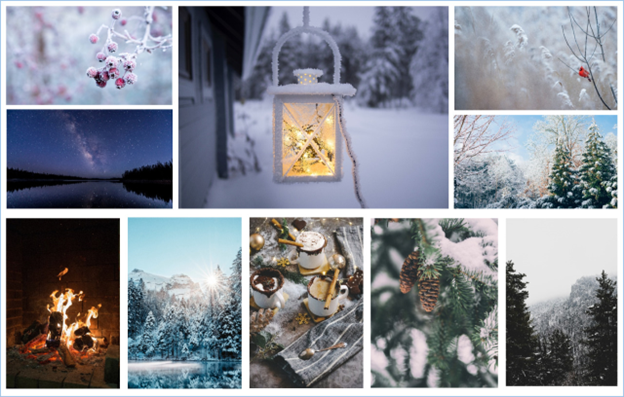 collage of wintry images: snowy landscapes, a fire, a lantern, a cardinal on a branch, and hot drinks.