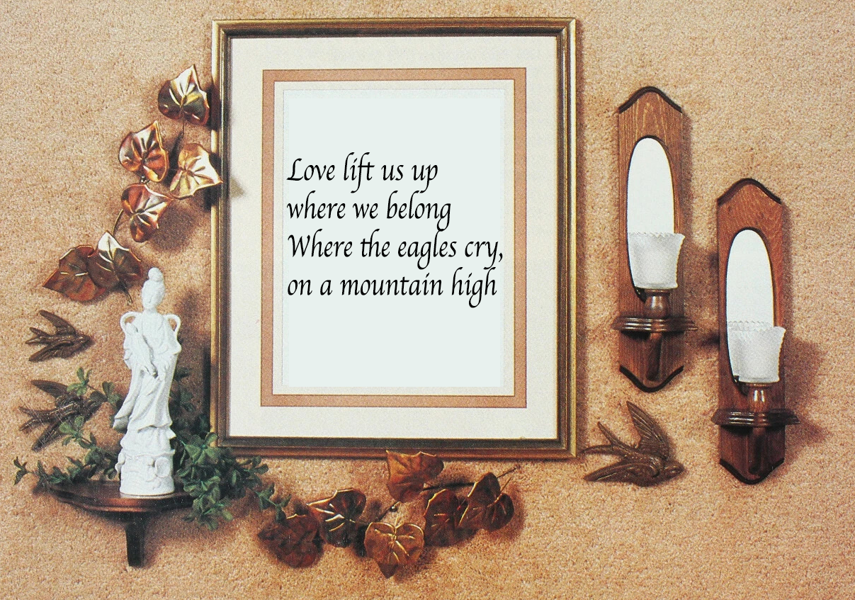Love lift us up where we belong / Where the eagles cry, on a mountain high