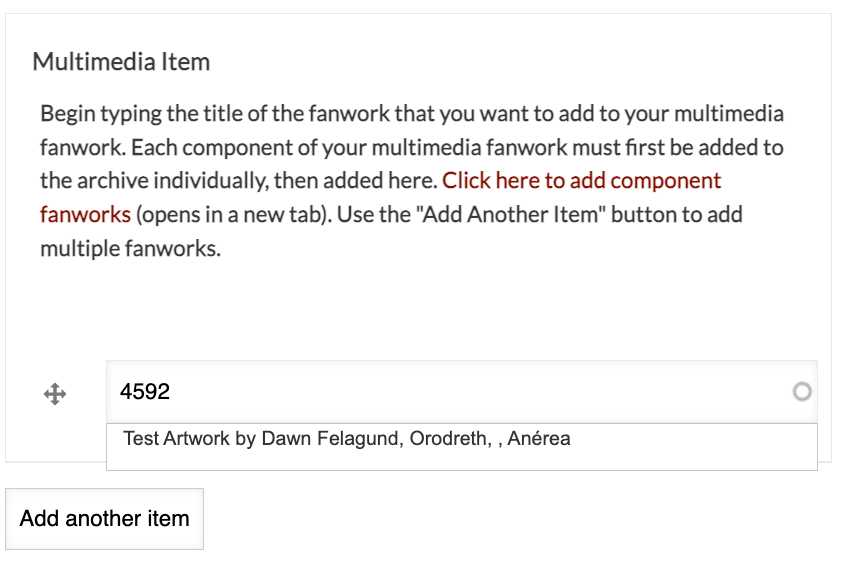 Screencap of the Multimedia Item field, selecting a fanwork by ID