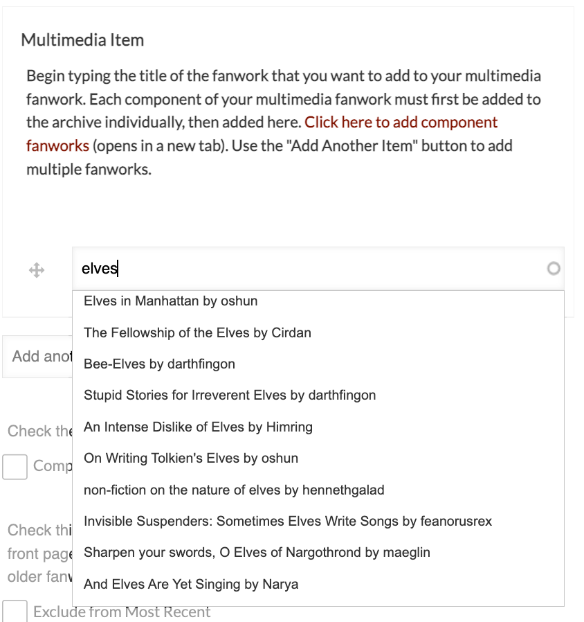 Screencap of the Multimedia Item field, selecting a fanwork by title
