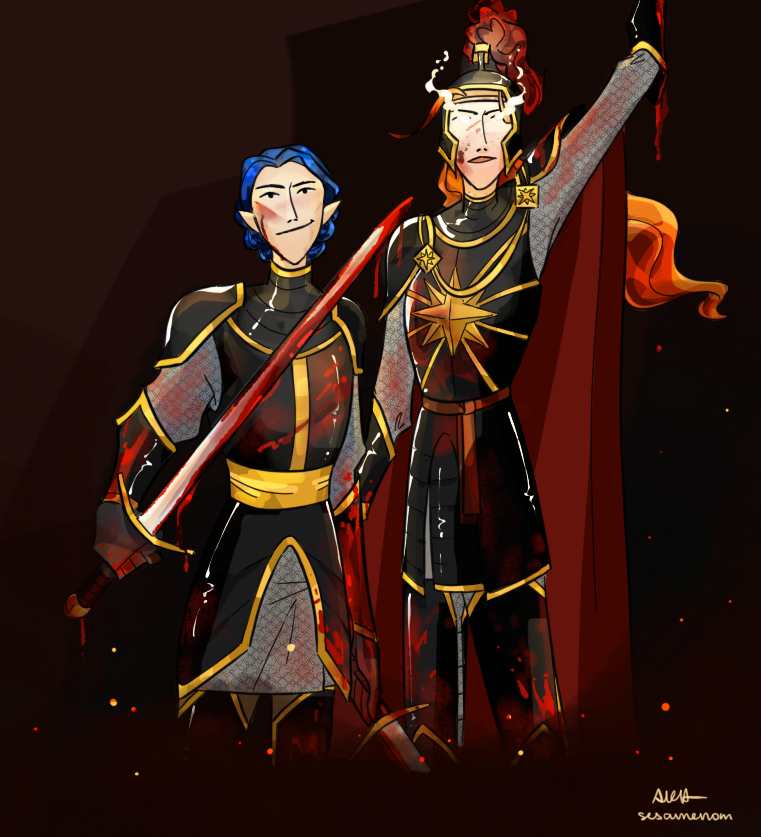sesame - deeds of surpassing valour - Maedhros and Maglor in armor holding bloodied swords