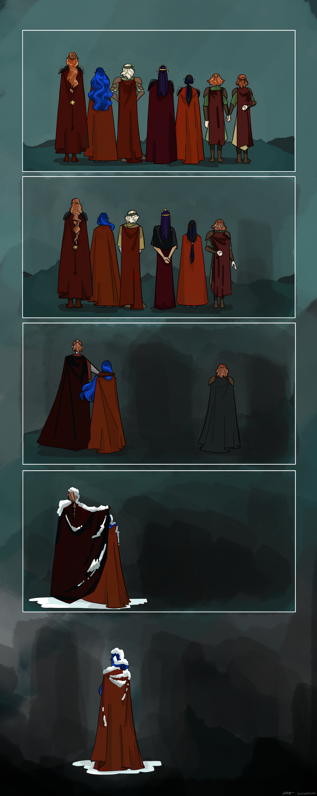 sesame - night falls upon Himring Fortress - five successive comics showing the sons of Feanor from the back with each comic showing the disappearance of some of the sons