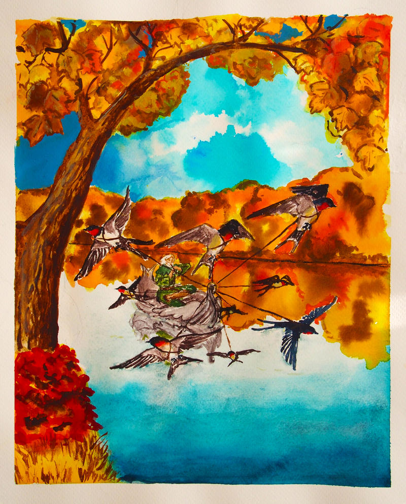 Tinfang Warble in Autumn by Mirach - shows Tinfang Warble being drawn along a river by birds with fall foliage in the background