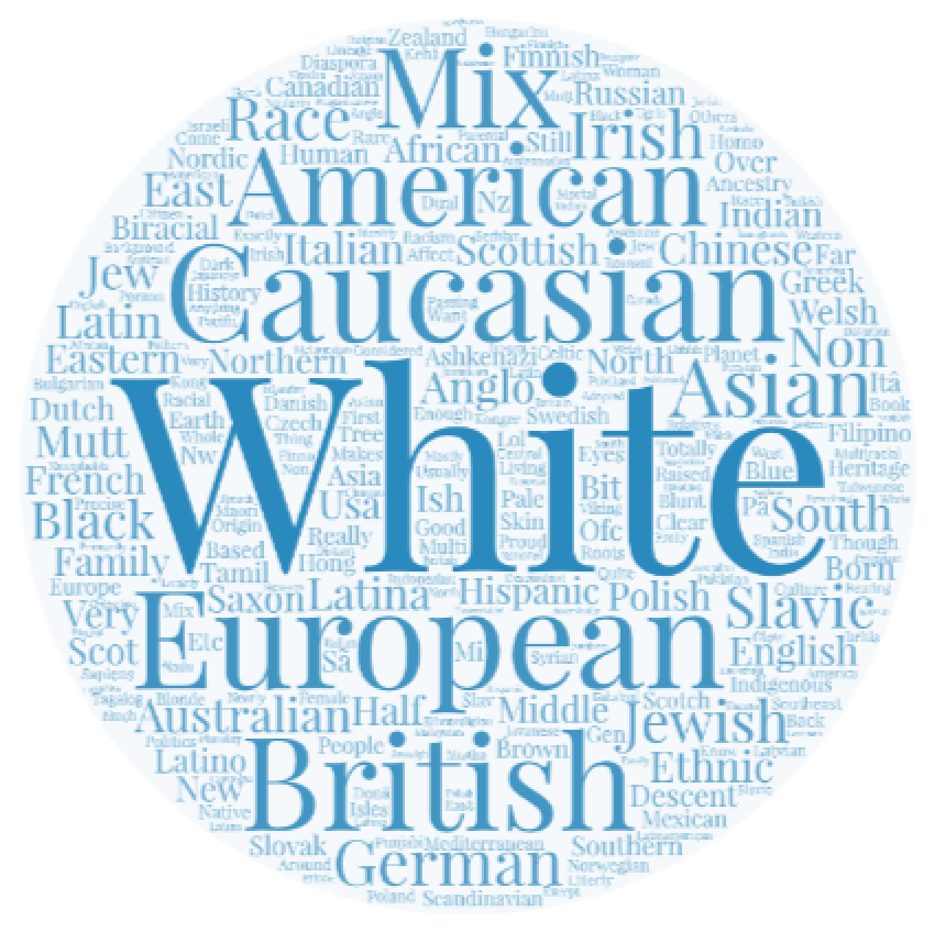 Word cloud includes hundreds of words but the largest are White, Caucasian, European, American, Mix, British, Asian, Race, Irish, German, Non.