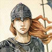 A woman with long red hair in grey armour and helmet