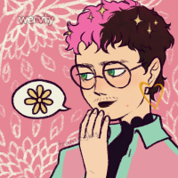 a white picrew avatar with pink and black split-dye, and a pink jacket. They look smug. On a pink background
