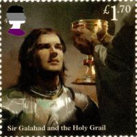 A UK stamp with Sir Galahad and the Holy Grail and an Ace Prideflag
