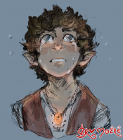 Frodo looking up at something off screen, illuminated by the light of the Ring