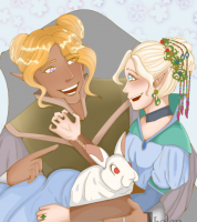 Digital drawing of two elves. The elf on the left is Glorfindel, he has bright golden hair tied up into two buns, he has brown skin and he is wearing brownish green clothes. He is smiling and he is pointing to the elf on the right with his hand. The elf on the right is much younger than Glorfindel and she sits on his lap while holding a white rabbit with red eyes on her lap. She has pale skin, bright blue eyes, blonde hair, and an excited expression as she gestures with her right hand.