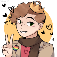 A drawing of a person with short brown hair, wearing a crown and flashing a peace sign.