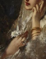 detail from early 20th century artist Conrad Kiesel's 'Jeune Espagnole', an oil painting of a girl wearing a white dress and gold jewellry, holding flowers in her hand