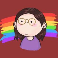 Smiling dark haired non-binary person with gold-rimmed glasses. There is a rainbow behind them against a dark red background.