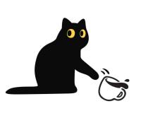 A black cat looks innocently at you while pushing a cup of coffee off the table