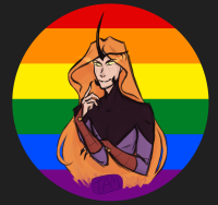 A drawing of Sauron in his fair form from the waist up, in front of a rainbow background.