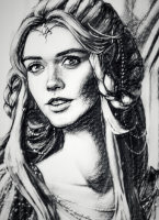 Dark hair and grey eyes, often with a crystal upon her brow