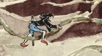 Tolkien's art of Beleg in a black shirt, blue trousers and red shoes climbing over a tree root.