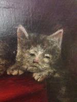 a painting of a cat with a poorly rendered and disconcertingly human face.