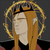 a picture of Mairon from profile, he has golden eyes and long straight orange hair and wears a black crown with 4 spikes, behind him there is the inscription of the One Ring in golden letters 