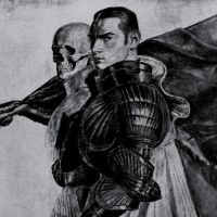 A black-and-white 19th century painting of a man in renaissance armour in the foreground, accompanied by a skeleton carrying a banner on its shoulder in the background. The man has strong features and dark back-slicked hair and looks directly at the viewer with a slight frown.