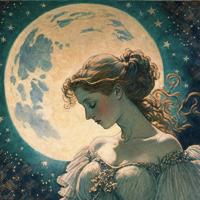 Ethereal woman with downcast eyes with full moon behind her profile
