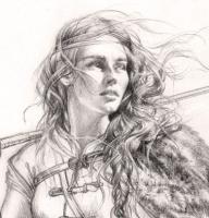 A black and white image of a sketch of the character Haleth drawn by artist EKukanova. Haleth is looking off to the side with her hair blowing in the wind. 