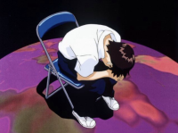 shinji ikari from neon genesis evangelion sitting in a chair in his classic depression pose