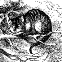 Illustration of a grinning Cheshire Cat sitting in a tree, from John Tenniel's illustrations for Alice in Wonderland