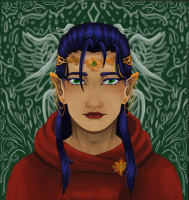 Green background; front-facing portrait of an androgynous character with deep blue hair, wearing a red cloak and gold accessories. 