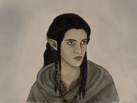 A hand-drawn portrait of dark-haired Elf, wearing a grey cloak.