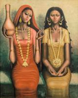 Two women seated aside one another one holds a vase and wears a veil the other sits with her hands in her lap