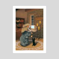 A witch using a computer from the 1990s. The mouse is levitating.