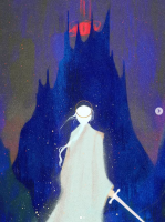 It's a painting of Galadriel, depicted as a white silhouette with a sword in hand, facing a dark blue rendition of Barad-dûr with Sauron's flaming eye on top. 
