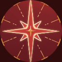 A fëanorian star lined in white on a red background with golden detailing between each point of the star.