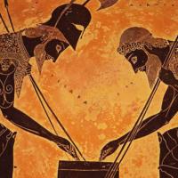 Achilles and Ajax playing a game; the Exekias belly amphora, black-figure Greek vase painting.
