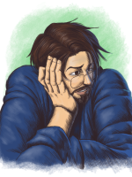 A fairly loose drawing of a white guy in glasses with shaggy hair and a blue shirt with rolled up sleeves. He's resting his head in his hand with a tired expression and body language
