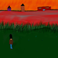 A drawing of a girl looking out at a sunset-colored river.