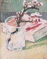 an oil painting of an almond branch in a glass with a book behind it, both the blossoms and the book are pink in tone