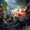 The Swing by Jean-Honoré Fragonard, cropped to frame the young woman on the swing and the young man to her left. It has been edited to make the colors more vivid.