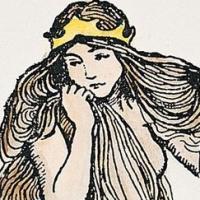 A mermaid holds a lock of her hair close to her face, looking off to her right side