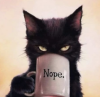 Black cat holding a coffee cup looking at you saays nope