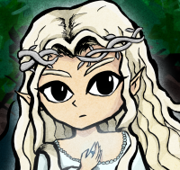 Artwork of Galadriel in the woods holding her hand to her chest with Nenya shining. She is drawn in the style of The Legend of Zelda: The Wind Waker.