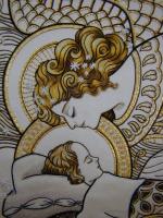 A delicate Art Nouveau–style illustration in gold and ivory, showing a woman with flowing, ornate hair leaning over a sleeping child. Intricate floral and fan-like patterns surround them, creating an elegant, dreamy, almost celestial atmosphere.