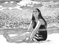 drawing of a dark-haired woman sitting on the beach
