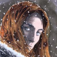 Illustration of Maedhros, depicted with long copper-red hair, glancing back through a swirling snowfall while wearing a dark, fur-lined winter coat.