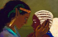 a digital painting of Melian and Galadriel. Melian cups Galadriel's face between her hands and looks at her tenderly. Both are dark skinned, Galadriel is blonde with cornrow braids and a puffy bun